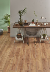 Grey wall turquoise background. Wooden decoration table lamp and chair style.