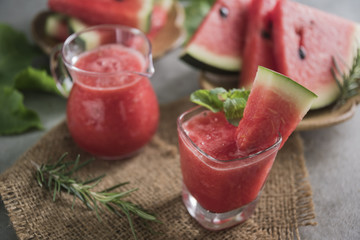 Watermelon drink in glasses with slices of watermelon