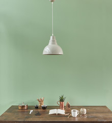 working wooden table style turquoise wall white lamp style.