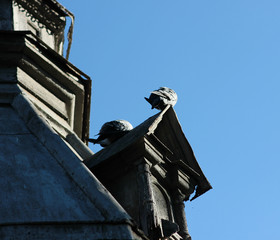 the roof in the Gothic style with doves on sky background
