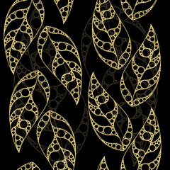 Gold leaves seamless patter on black background. Elegant background. Abstract leaves with gold circles. Vector illustration. Eps 10
