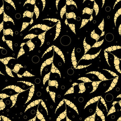 Gold leaves seamless patter on black background. Elegant background. Abstract leaves with gold circles. Vector illustration. Eps 10
