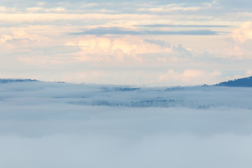 The landscape photo, beautiful sea fog in morning time in Thailand