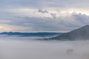 The landscape photo, beautiful sea fog in morning time in Thailand