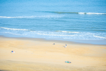 Fototapeta na wymiar Aerial above view of Ocean sea yellow sandy beach.