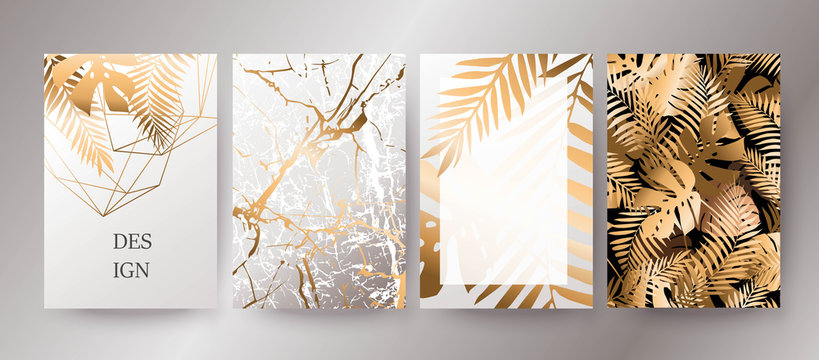 Golden marble texture and gold palm leaves card design.