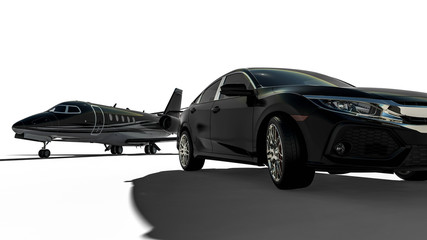 Luxury transportation / 3D render image representing an luxury airplane with a limo - obrazy, fototapety, plakaty
