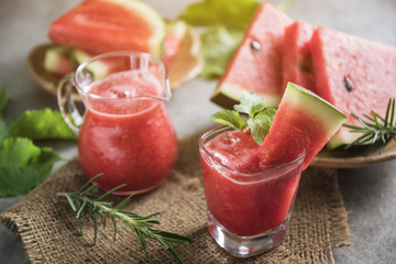 Watermelon drink in glasses with slices of watermelon