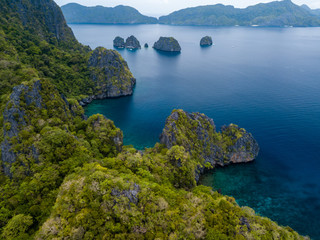 Aerial drone view of beautiful, unspoilt tropical scenery in El Nido, Philippines