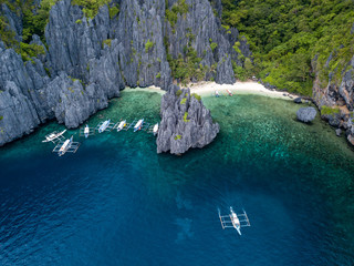 Aerial drone view of beautiful, unspoilt tropical scenery in El Nido, Philippines