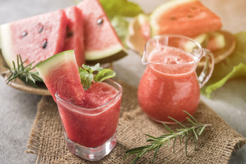 Watermelon drink in glasses with slices of watermelon