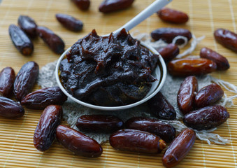 Raw Organic Fresh dates together with fint jam from dates .
