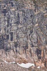 Glacier at the base of a shear granite rock wall in Rocky Mountain National Park Colorado