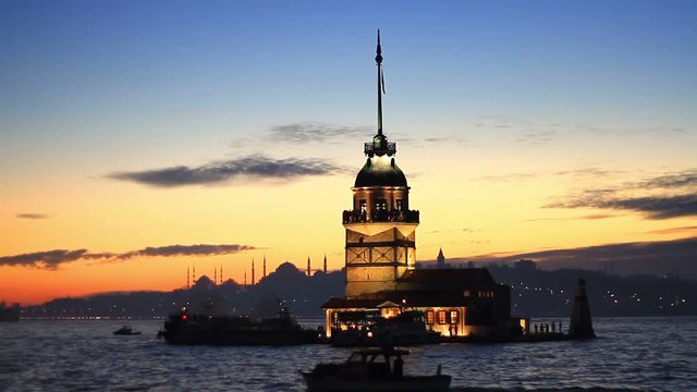 Maidens Tower, Istanbul. Kiz Kulesi in the early evening light. Tower seen from the east on sunset. In the distance are such landmarks as Blue Mosque, Hagia Sophia and Topkapi Palace