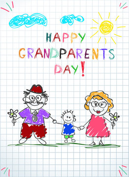 Children colorful hand drawn vector greeting card with grandpa, grandma and grandchild together.