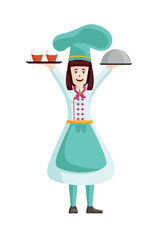 Cartoon woman chef with food - Vector Illustration