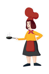 Female chef vector. Woman cook in apron standing with frying pan illustration.