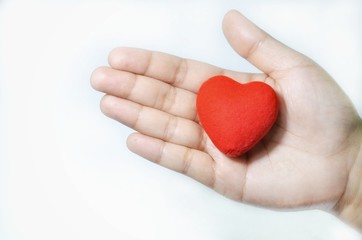 Red heart on hand, white background