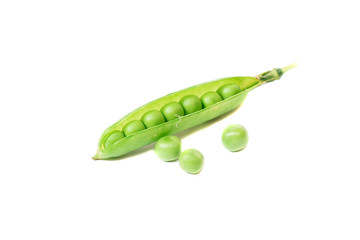 Pea pod with leaves on white background