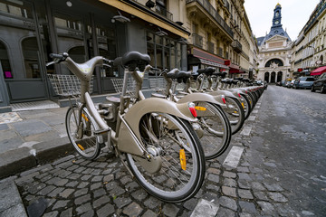 Some bicycles of the Velib bike rental service in Paris. With the bicing sharing service people can rent bicycles for short trips