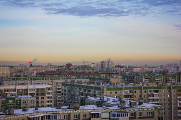 Fototapeta na wymiar Chelyabinsk, Russia, smog industrial city, factory pipes, snow, winter, sky, morning, evening, sunrise, sunset