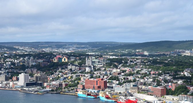 panoramic high angle view from the Signal Hill towards the city of St John's, Avalon Peninsula; NL Canada