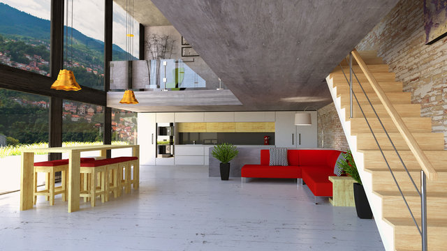 Soggiorno e cucina con ampie vetrate su due piani. Appartamento di lusso con affaccio su soggiorno e sala da pranzo. Stile moderno. 3d rendering