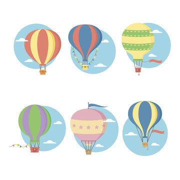 Retro vintage hot air balloons vector flat icons set