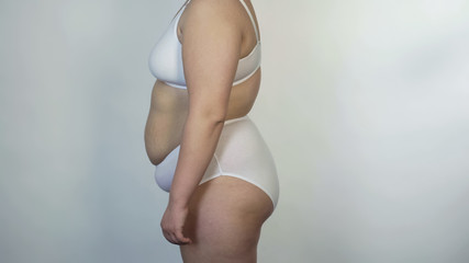 Corpulent female in white underwear standing in profile, overweight person