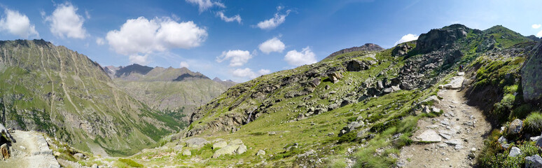 Panorama of Parco Gran Paradiso mountain range, Italy. Path to the refuge Vittorio Sella, in Valnontey - Gran Paradiso National Park