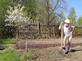 girl with a shovel, in the spring in the garden planting seeds