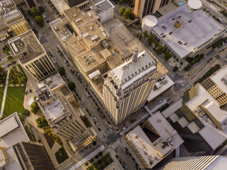 Dramatic close aerial view of skyscrapers in Oklahoma City, straight down view. - obrazy, fototapety, plakaty