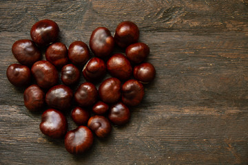 horse chestnuts. Autumn background. Flat lay. Nature concept
