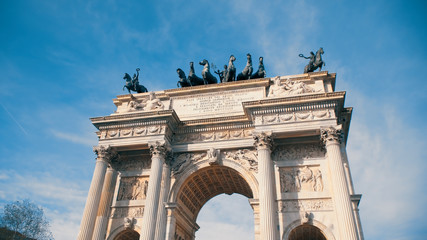 Fototapeta na wymiar Porta Garibaldi, also known as the Porta Comasina, is a city gate located in Milan, on the old road to Como. This Neoclassical arch was built to commemorate the visit of Francis I of Austria in 1825