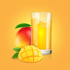 Mango fruit , a glass of juice with slices realistic illustration