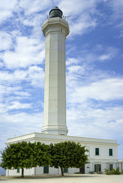 View from the sea the white lighthouse of Santa Maria di Leuca, Apulia - Italy