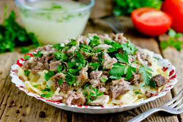 Beshbarmak national kazakh dish - egg noodles with boiled meat, onion and cilantro greens served with broth in bowl on wooden table