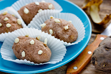 Traditional russian cake kartoshka chocolate truffle potatoes. Rum balls of vanilla biscuit with cocao powder and butter cream