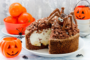 Spider nest cake decorated with chocolate spiders, funny Halloween themed food idea for kids