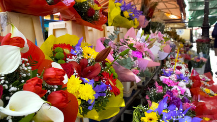 Naklejka premium Wide choice of beautiful and expensive colourful bouquets at flower shop