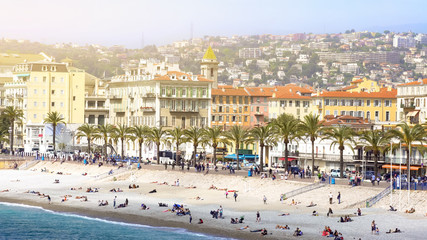 Amazing aerial view of beach and embankment in Nice, summer vacation, relaxation