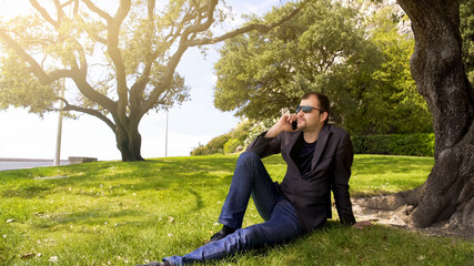 Fototapeta premium Relaxed business person sitting on green grass near tree, talking on smartphone