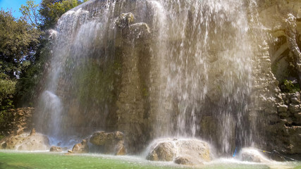 Waterfall of Castle Hill in Nice, power of nature, beautiful landmark in France