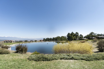 Small lake and green meadow against blue sky