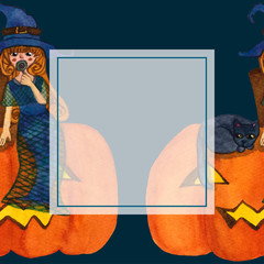 Witch and Cat Sitting on Pumpkin Banner Card