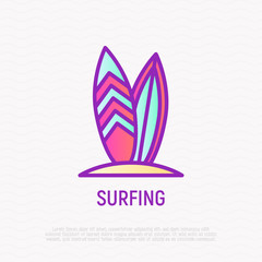 Surfing thin line icon. Modern vector illustration of summer sport.