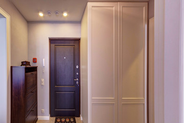 A corridor with a brown entrance door and a dark dresser