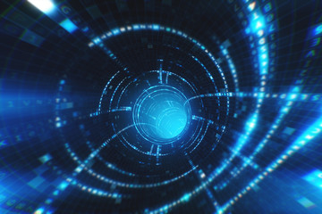 Data tunnel journey 3d illustration Shot inside fibre optic cable. Transmission of digital information as a binary signal