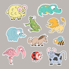 Colorful cute pretty baby animals stickers. Vector isolated. 