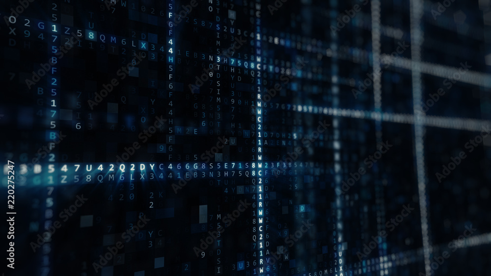 Poster randomly generated computer hexadecimal machine code abstract technological background 3d illustrati